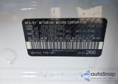 2018 Mitsubishi Outlander Se z USA, uszkodzony, nr VIN JA4AD3A37JZ005917